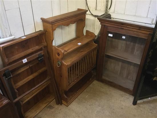 3 pine wall cupboards and a glazed mahogany wall cupboard & stand